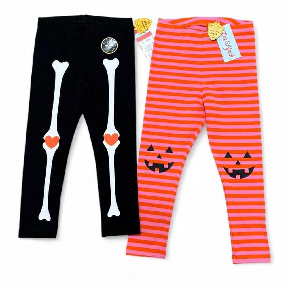 NWT Cat & Jack Halloween Leggings Bundle Glowindark Skeleton Stripe Pumpkin 3T